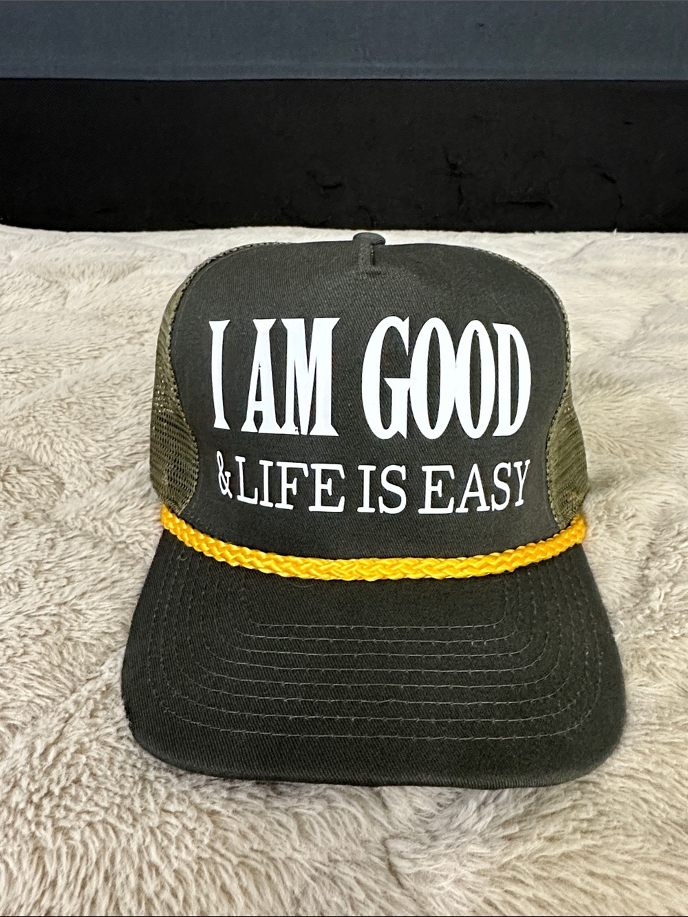 I AM GOOD Trucker Hat with Yellow Rope